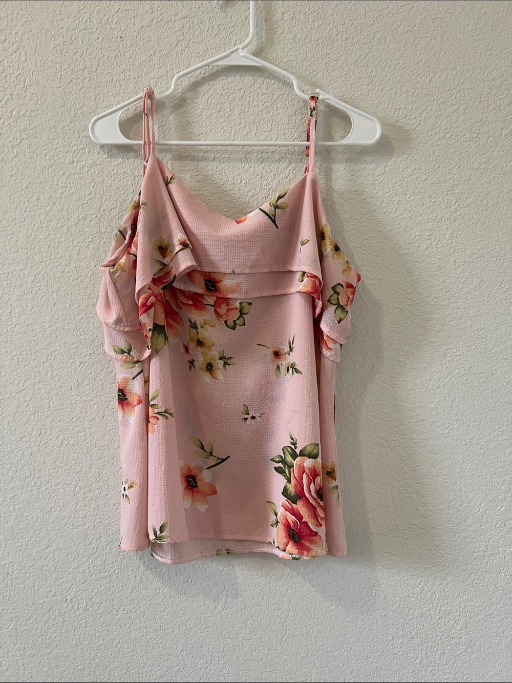 Floral Pink Cold-Shoulder Camisole with Ruffle Detail
